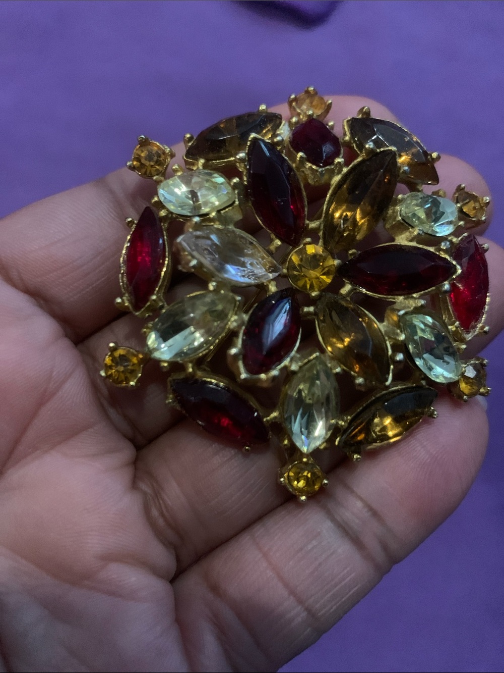 Vintage Gold-Tone Floral Crystal Brooch - Red, Amber & Clear